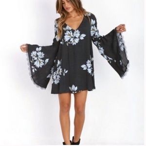 Free People Floral Navy Wanderer bell sleeve Mini dress Size XS